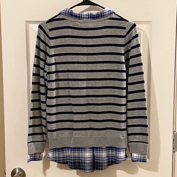 Intro Gray Navy Stripe Sweater With Plaid Collar - Picture 2 of 4
